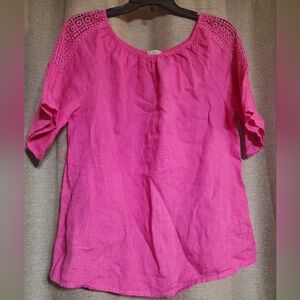 100% Linen Terzo Millennio SZ LG Short sleeve Top with crocheted detail